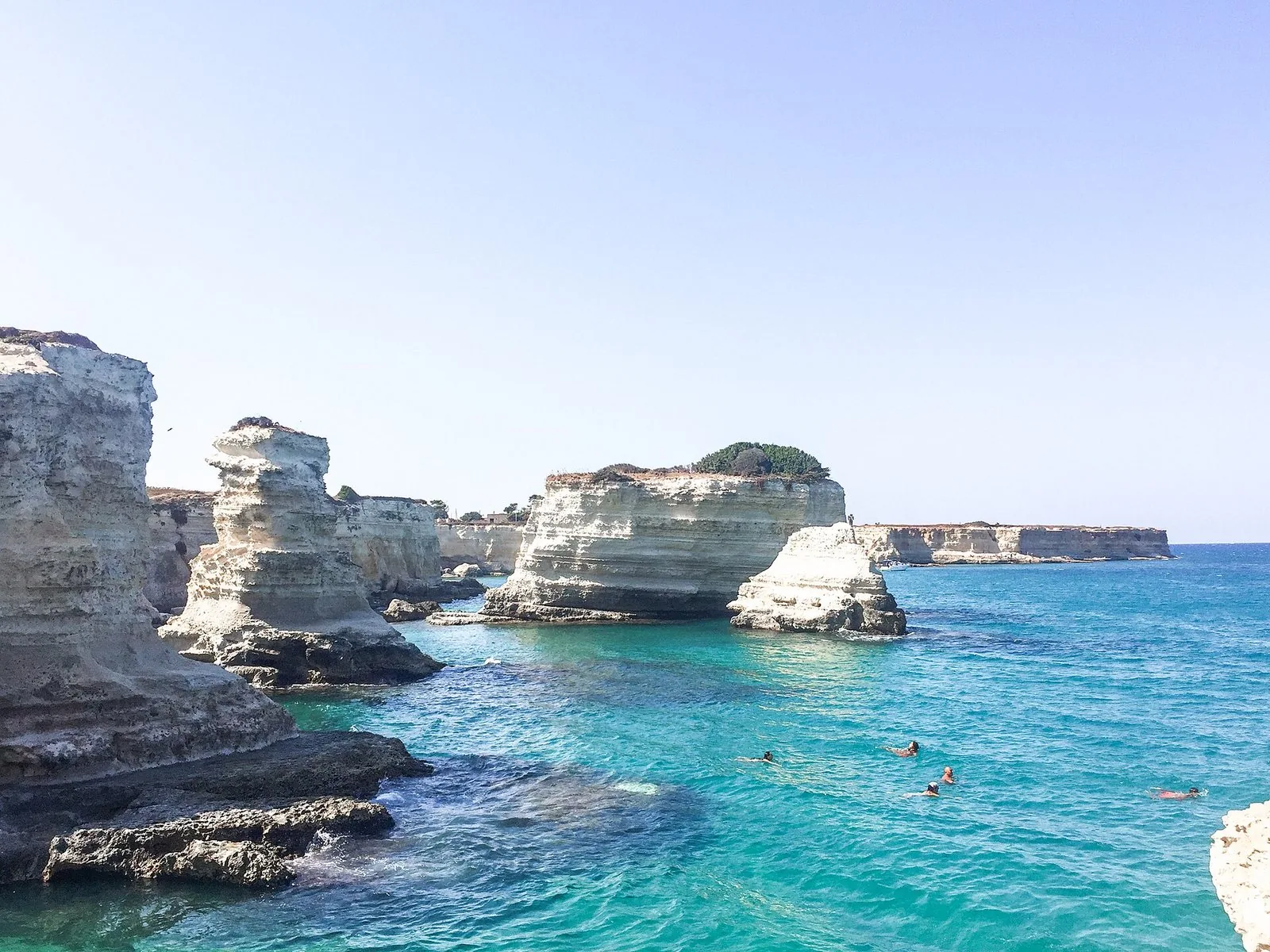 Costa rocciosa salentina con mare azzurro e vegetazione bassa piegata dal vento